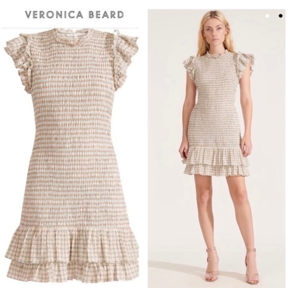 Veronica Beard Cici Smocked Seersucker Plaid Mini Mint Beige Dress NWT